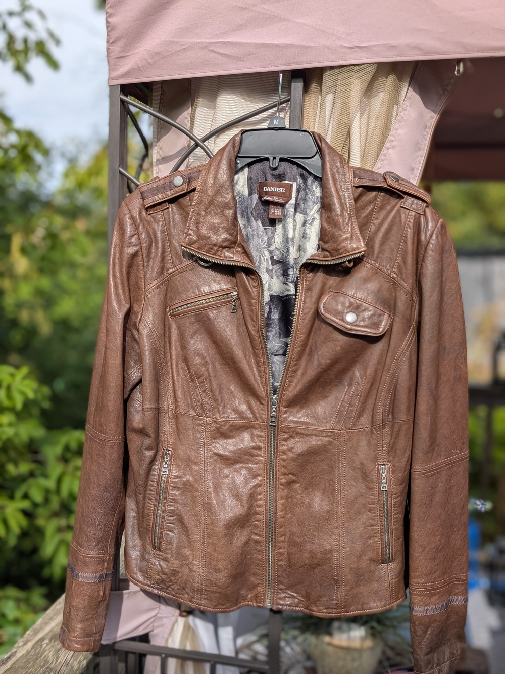 Danier Brown Leather Moto Jacket with Epaulets